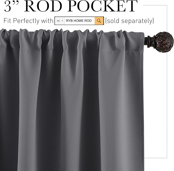 RYB HOME Grey Blackout Curtains - Thermal Insulated Noise Reducing Energy Efficiency Small Window Decor for Kitchen Bedroom Bathroom, 42 inches Wide x 45 inches Long, Gray, 1 Pair