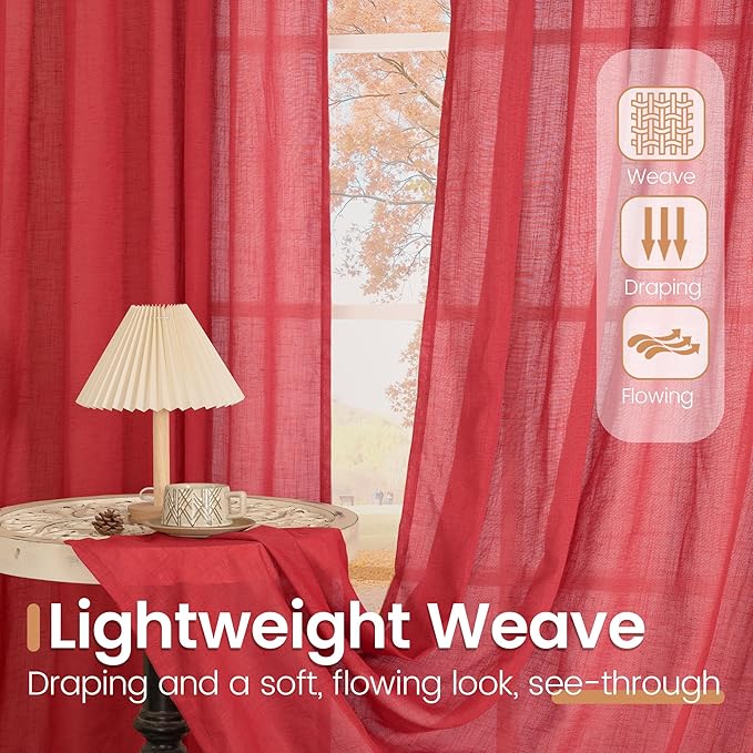 BGment 96 Inches Long Linen Curtains for Living Room, Semi Sheer Red Window Drapes Textured for Farmhouse Bedroom Dining with Rod Pocket Lightweight, 2 Panels Set, Each 52 Inch Wide