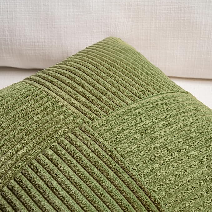 Fancy Homi 2 Packs Moss Green Samll Decorative Throw Pillow Covers 14x14 Inch with for Couch Bed Sofa, Rustic Farmhouse Boho Home Decor, Soft Corss Patchwork Corduroy Square Cushion Case 35x35 cm