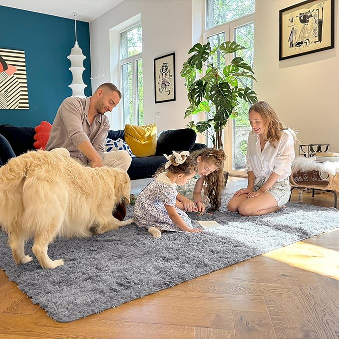 OLANLY 7x8 Machine Washable Large Area Rugs for Living Room, Bedroom, Soft Fluffy Shaggy Bedside Rug, Indoor Floor Carpet for Kids Girls and Boys, Dorms, Nursery, Home Decor Aesthetic, Light Grey