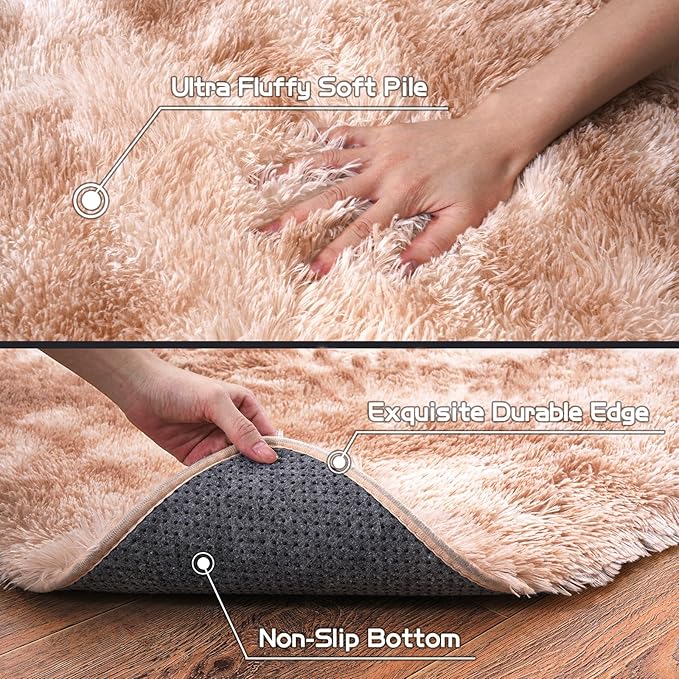 Pionblank Fluffy Runner Rugs for Bedroom 2x6, Modern Shaggy Area Rug for Hallway Living Room, Plush Soft Fuzzy Bedside Carpet for Kids Girls Boys Room Nursery, Tie-Dyed Beige