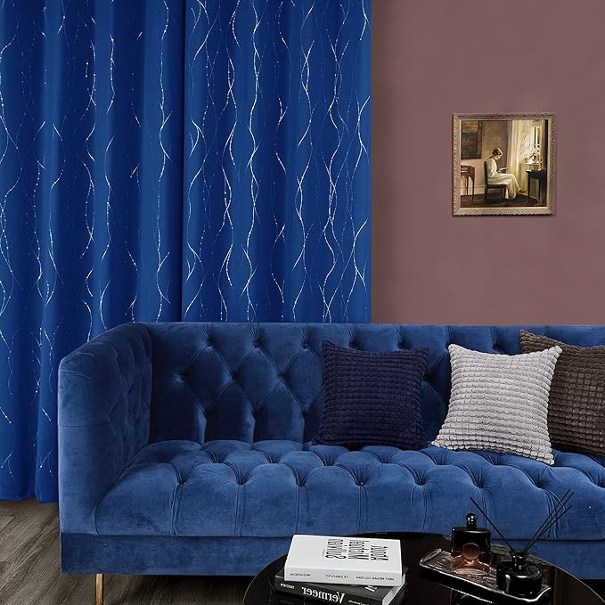 Deconovo Blackout Curtains, 42 x 63 Inch Drapes for Living Room with Wave Dots Silver Print, Soundproof Thermal Insulated Window Curtain for Bedroom Nursery, Set of 2, Machine Washable, Royal Blue