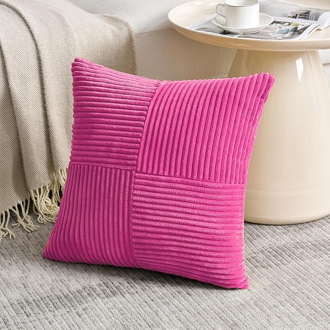 Fancy Homi 2 Packs Hot Pink Euro Decorative Throw Pillow Covers 26x26 Inch for Couch Bed Sofa, Rustic Farmhouse Boho Home Decor, Soft Corss Corduroy Patchwork Textured Square Cushion Case 66x66 cm