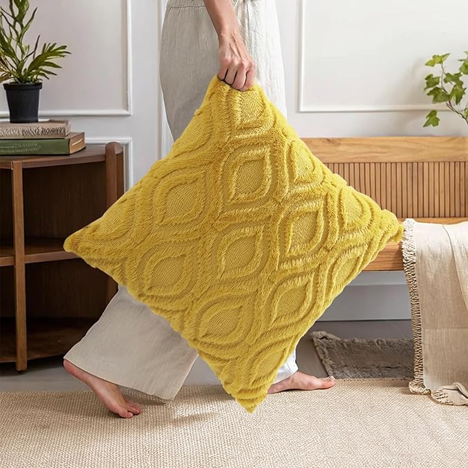 decorUhome Summer Throw Pillow Covers 26x26 Inch Set of 2, Soft Plush Faux Wool Mustard Yellow Solid Couch Pillow Covers, Accent Euro Sham Farmhouse Square Pillow Cases for Sofa Bed Living Room