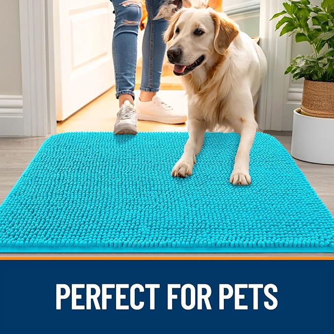 OLANLY Dog Door Mat for Muddy Paws 59x24, Absorbs Moisture and Dirt, Absorbent Non-Slip Washable Doormat, Quick Dry Chenille Mud Mat for Dogs, Entry Indoor Entryway Carpet for Inside Floor, Aqua Blue