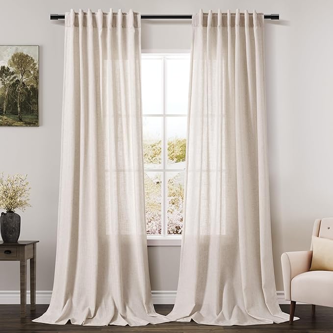 Extra Long Curtain 108 inches Long 2 Panels Set Back Tab Beige Linen Drapes for Living Room Neutral Farmhouse Light Filtering Semi Sheer Linen Curtains 108 inch Length for Large Window Tan 9 FT