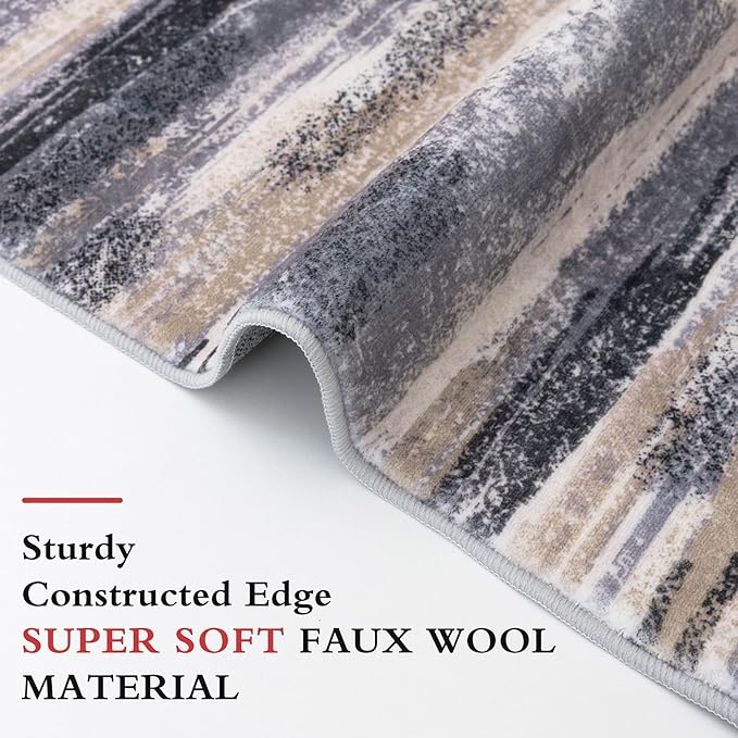 Lansny Modern Abstract Bedroom Runner Rug 2x7, Grey Black Multi Washable Kitchen Runner, Non-Slip Soft Thin Faux Wool Mat for Entryway, Hallway, Laundry Room, Indoor Home Decor