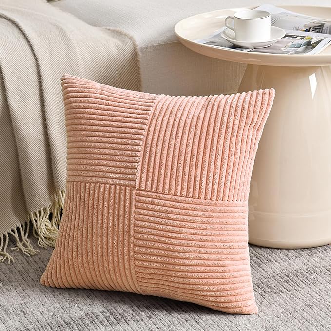 Fancy Homi 2 Packs Peach Samll Decorative Throw Pillow Covers 14x14 Inch with for Couch Bed Sofa, Rustic Farmhouse Boho Home Decor, Soft Corss Patchwork Corduroy Square Cushion Case 35x35 cm