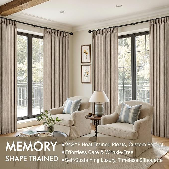 MIULEE Pinch Pleated Thick Linen Curtains 90 Inches Long 2 Panels for Living Room Bedroom, Linen Textured Memory Trained Pleat Drapes Back Tab Light Filtering Grey Beige Window Curtains with Hooks