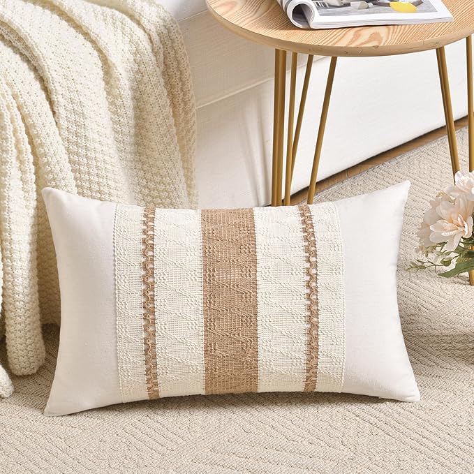 Fancy Homi Set of 1 Boho Neutral Long Lumbar Decorative Throw Pillow Cover 12x24 Inch for Couch Bed Sofa Chair, Modern Organic Farmhouse Home Decor, Soft Cotton Cute Accent Tan Rectangle Cushion Case