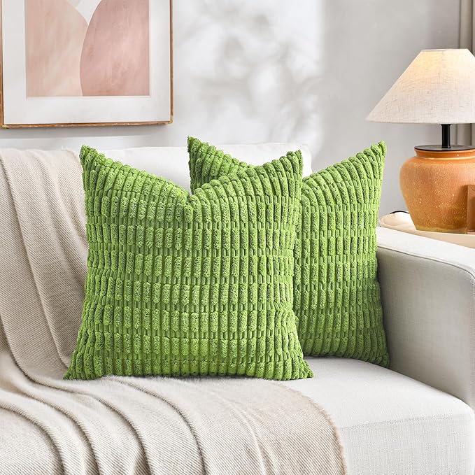 Fancy Homi 4 Packs Boho Lime Green Decorative Throw Pillow Covers 18x18 Inch for Couch Bed Sofa, Rustic Modern Farmhouse Home Decor, Soft Plush Corduroy Cute Square Cushion Case 45x45 cm