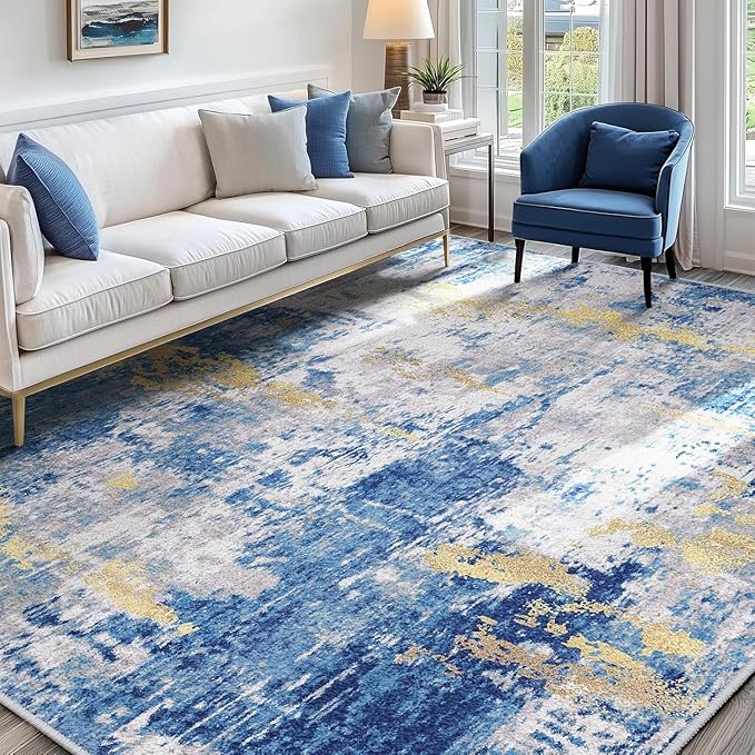 Washable Area Rugs Square 7ft Non-Slip Modern Abstract Soft for Living Room Entryway Bedroom Nursery, Print Pattern, Grey Blue Gold/Golden