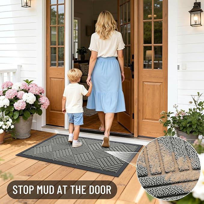 OLANLY Front Door Mat Outside Entrance 29.5x17, Absorbent, Heavy Duty Sturdy Natural Rubber Doormat Indoor Outdoor, Stain Fade Resistant, Non-Slip Low Profile Floor Mat Entryway, Modern Gray Diamond