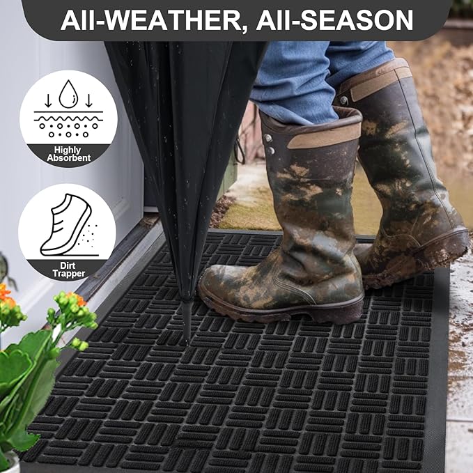 Mibao Front Door Mat, Heavy Duty Durable Welcome Mat for Outdoor Indoor, Dirt Trapper Waterproof Super Absorbent Door Mat for Entryway Outside Patio Porch, 35.5" x 24", Black