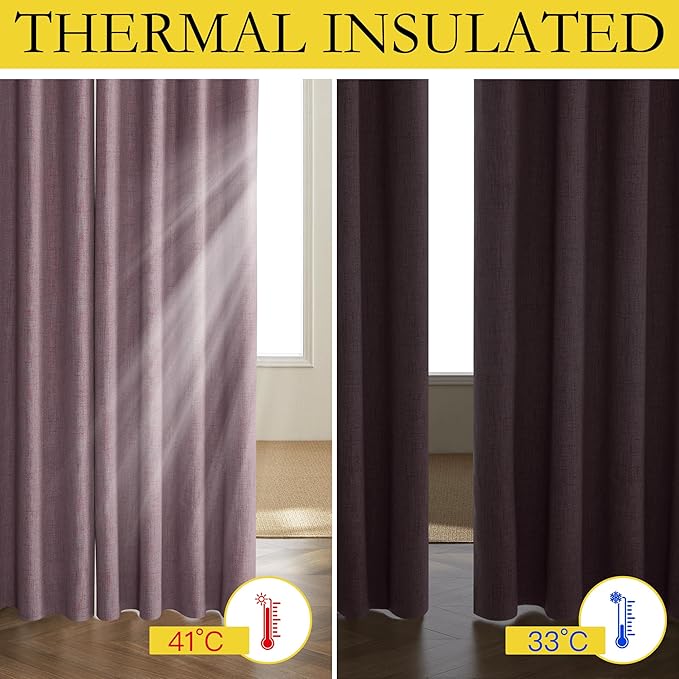 NICETOWN Chaise Mauve Vintage Linen 100% Blackout Curtains for Living Room, Thermal Insulated Curtains 90" Long, Noise Reducing Window Treatment Drapes for Hall Room, 42" Wide Per Panel, Set of 2
