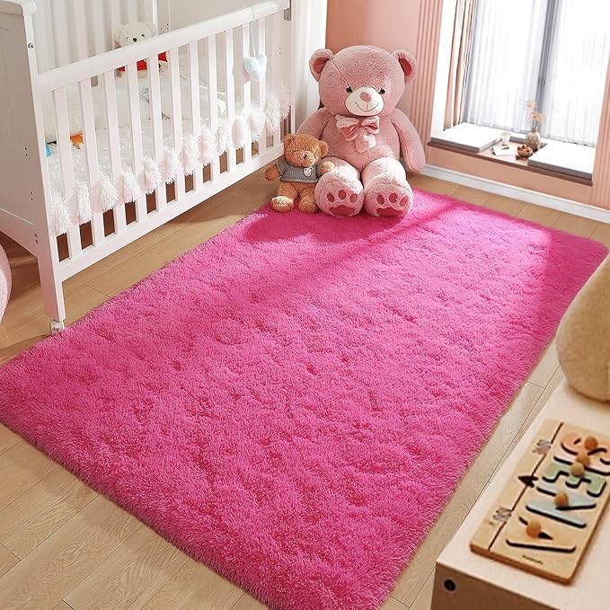 LOCHAS Ultra Soft Indoor Modern Area Rugs Fluffy Living Room Carpets for Children Bedroom Home Decor Nursery Rug 4x5.3 Feet,Hot Pink