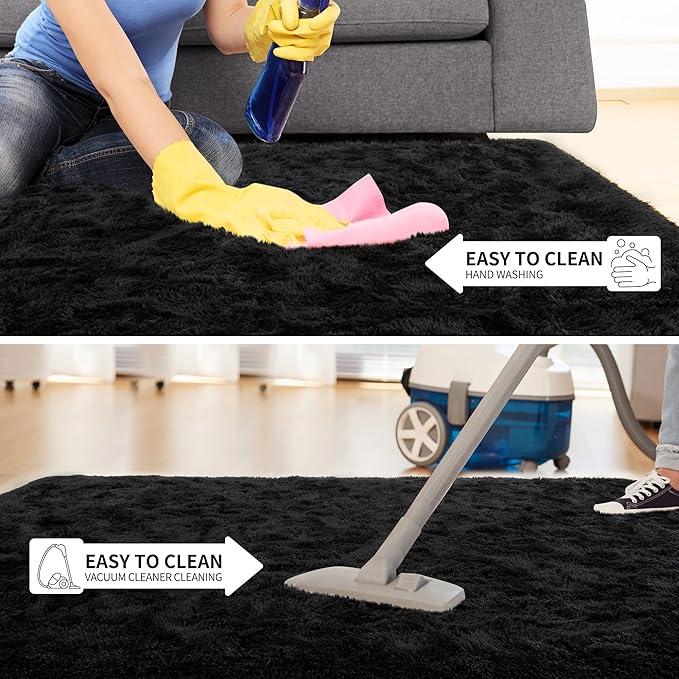 Tepook Fluffy Large Rugs for Living Room, Shag Area Rug 6x9 Soft Carpet for Bedroom, Modern Shaggy Rug for Kids Boys Girls, Plush Indoor Nursery Home Decor Rug with Non-Slip Bottom, Black, 6 X 9 Feet