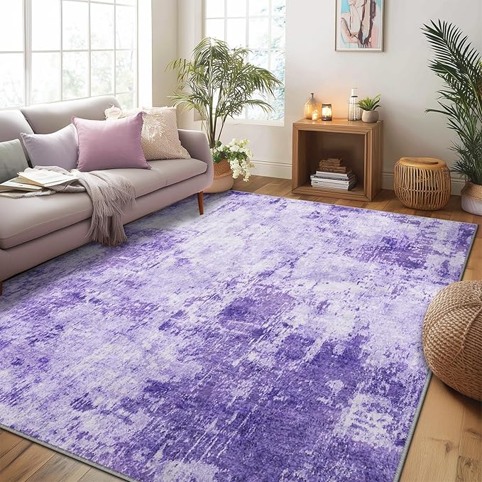 Washable Area Rugs 5'x8' Non-Slip Modern Abstract Soft for Living Room Entryway Bedroom Nursery, Print Pattern, Purple Gray Pink White