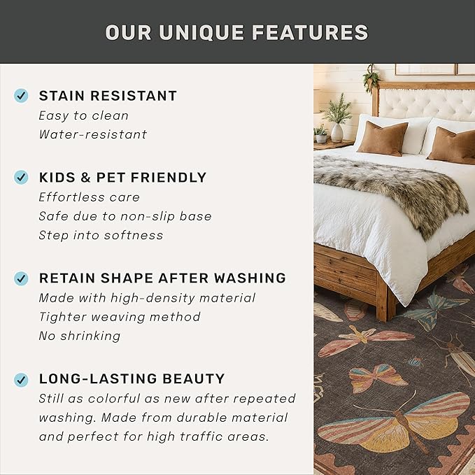 Washable Living Room Area Rug 5x7, Ultra Soft Carpet for Bedroom, Dining Room, Vintage Farmhouse Home Décor, Low Pile Non Slip Stain Resistant Rug (Brown & Orange)