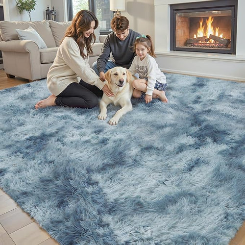 Area Rugs 9x12 Living Room, Large Area Rug Shag Shaggy Carpet Soft Plush Furry Bedside Rug, Machine Washable Area Rugs for Bedroom Kids Girls Boys Anti Slip(9 x 12, Dark Blue Tie-Dyed)