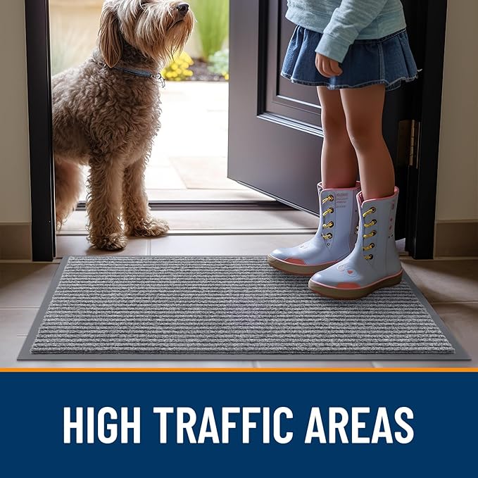 OLANLY Front Door Mat Indoor Outdoor Entrance, Waterproof Heavy Duty Doormat, Fade Resistant, Low Profile, Easy Clean Patio Porch Welcome Floor Mats for Entry, 47x34, Light Gray