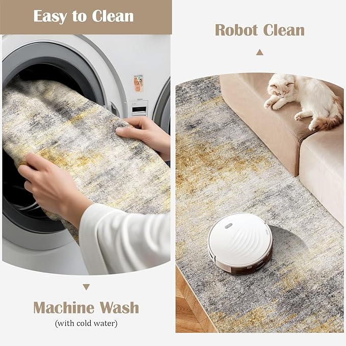 3x15 Washable Kitchen Runner Rug: Modern Abstract Runners for Hallway Soft Non Slip Rugs with Rubber Backing Low Pile Thin Waterproof Floor Carpet for Entryway Bedroom Bathroom Indoor 3x15 Grey/Yellow