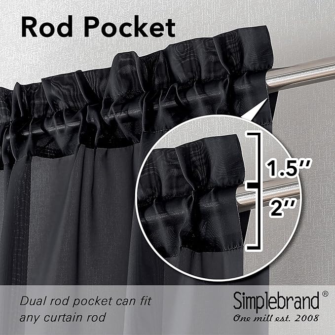 Simplebrand Black Sheer Curtains 120 Inches Long, Extra Long Rod Pocket Solid Color Window Sheer Curtain Panels, Elegant Curtains & Drapes for Living Room, Bedroom 2 Panels (Black, 59" W x 120" L)
