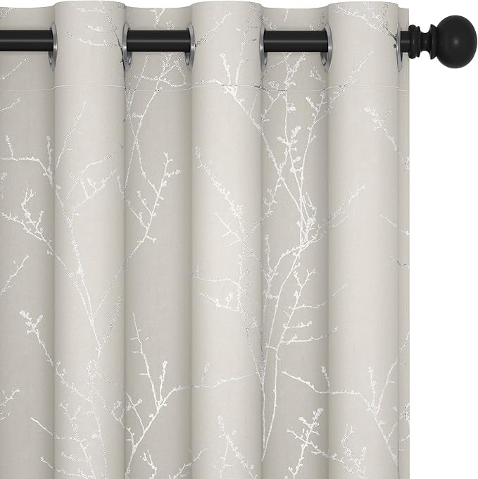 Deconovo Beige Blackout Curtains, Boho Farmhouse Curtain, Thermal Insulated Soundproof Drapes, Silver Branch Print, 52 x 63 Inch Long, Machine Washable Window Panels for Living Room Bedroom, Set of 2