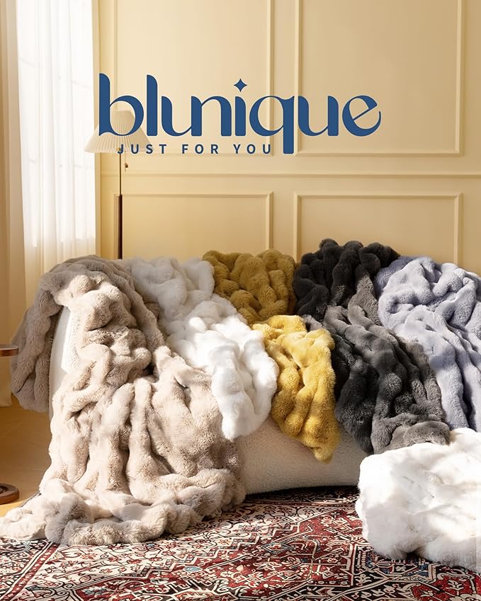 Ultra Soft Cozy Faux Fur Throw Blanket, Fuzzy Plush Thick Bubble Blanket, Oversize Luxury Fluffy Blanket for Couch, Sofa, Bedroom, and Living Room,50x60 Inches, Dark Yellow