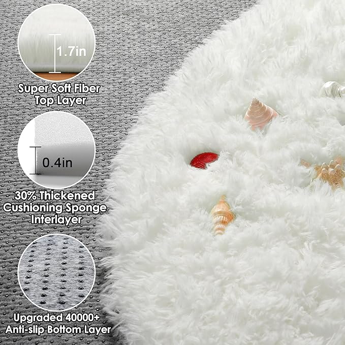 ONASAR Cream White Round Area Rug 4ft, Fluffy Ultra Soft Bedroom Circle Rugs Floor Mat for Kids Girls Boys Teen Room, Fuzzy Plush Shaggy Carpet for Nursery Living Room Playroom Dorm Home Decor
