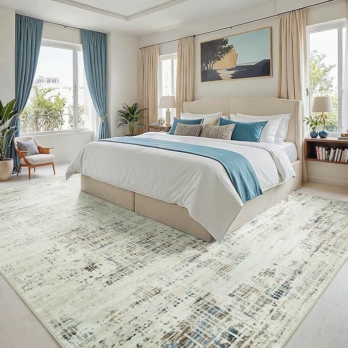 6x9 Area Rugs for Living Room Washable Rug: Anti-Skid Abstract Modern Living Room Rug Soft Thin Carpets Indoor Floor Non-Shedding Carpet for Bedroom Dining Farmhouse Nursery Gray White Blue