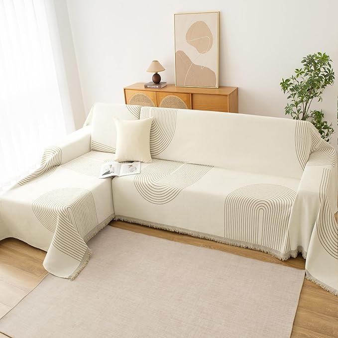 Boho Sofa Covers for 3 Cushion Couch, Chenille Sofa Slipcover for Pets Washable, L-Shape Sectional Loveseat Cover Soft Throw Blankets with Tassels(91x134,Arc Beige)