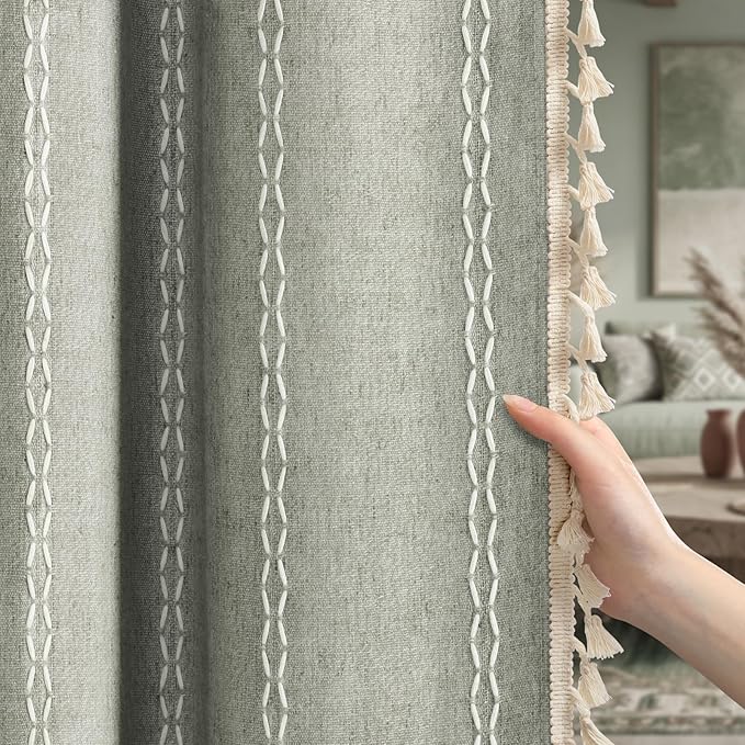 Sage Green Boho Blackout Curtains 2 Panels 84 Inch for Living Room Bedroom, Linen Texture Farmhouse Curtains with Tassels and White Cotton Embroidery Vintage Rustic Country Western