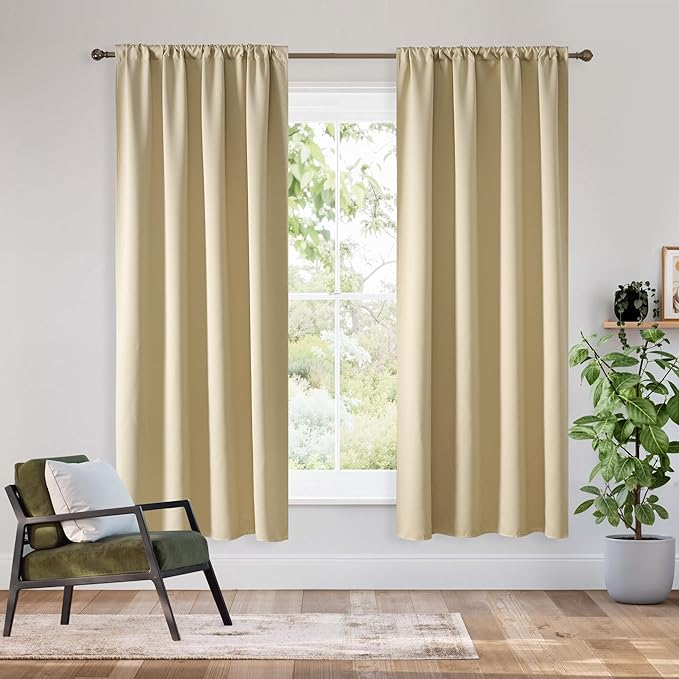 RYB HOME Bedroom Blackout Curtains 63 inches Long, 100% Blackout Thermal Insulated Noise Reducing Curtains for Living Room Nursury, 62 inches Wide by 63 inches Long, Biscotti Beige