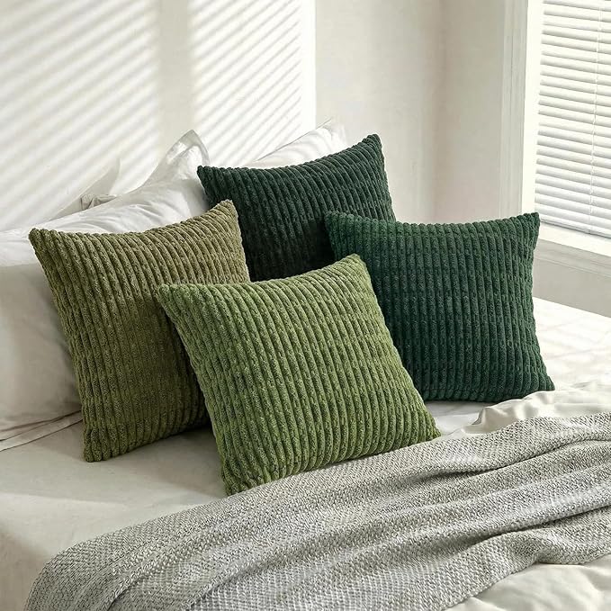 Fancy Homi Set of 4 Green Boho Decorative Throw Pillow Covers 16x16 Inch for Couch Bed Sofa, Aesthetic Modern Bohemian Room Decor, Soft Fuzzy Fluffy Cozy Corduroy Cushion Case 40x40cm