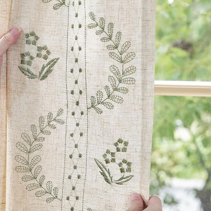 jinchan Belrose Linen Curtains for Bedroom Floral Curtains 63 Inch Length Linen Blend Sage Green Embroidered Drapes Farmhouse Flower Patterned Drapes for Living Room Window Treatments Set 2 Panels
