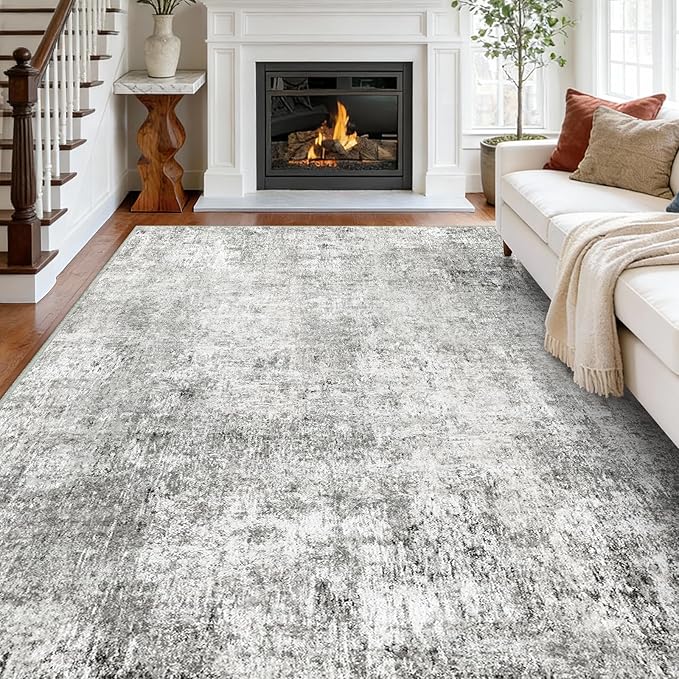 Washable Area Rugs 7'x9' Non-Slip Modern Abstract Soft for Living Room Entryway Bedroom Nursery, Print Pattern, Gray White Grey