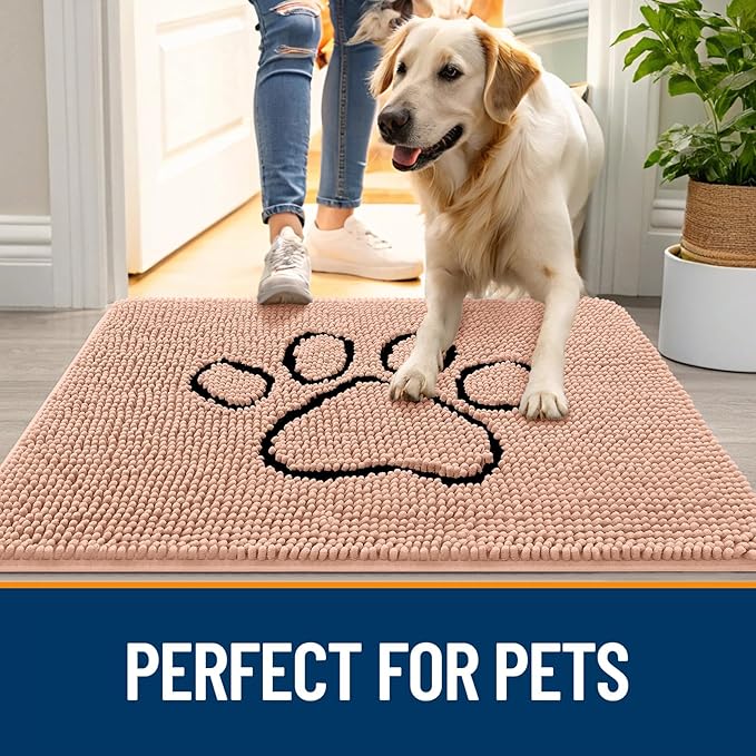 OLANLY Dog Door Mat for Muddy Paws 48x30, Paw Print Design, Absorbs Moisture and Dirt, Absorbent Non-Slip Washable Doormat, Quick Dry Chenille Mud Mat for Dogs, Entry Indoor Entryway Carpet, Peach