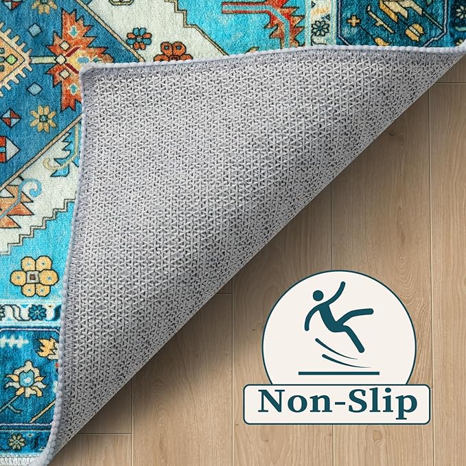 SERISSA Boho Round Area Rug, 4ft Washable Non-Slip Circle Rug, Ultra Soft Oriental Vintage Blue Low-Pile Small Circular Carpet for Bedroom Entryway Kids Room Office College Dorm Living Room