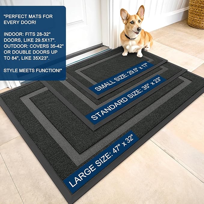 OLANLY Front Door Mat Indoor Outdoor Entrance, Waterproof All-Season, All-Weather Doormat, Sturdy Natural Rubber, Fade Resistant, Low Profile, Easy Clean Patio Porch Entryway Mat, 47x32, Black