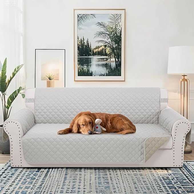 Reversible Sofa Covers Couch Cover Furniture Protector for Dogs Elastic Straps Water Resistant(Sofa,Light Grey/Beige)