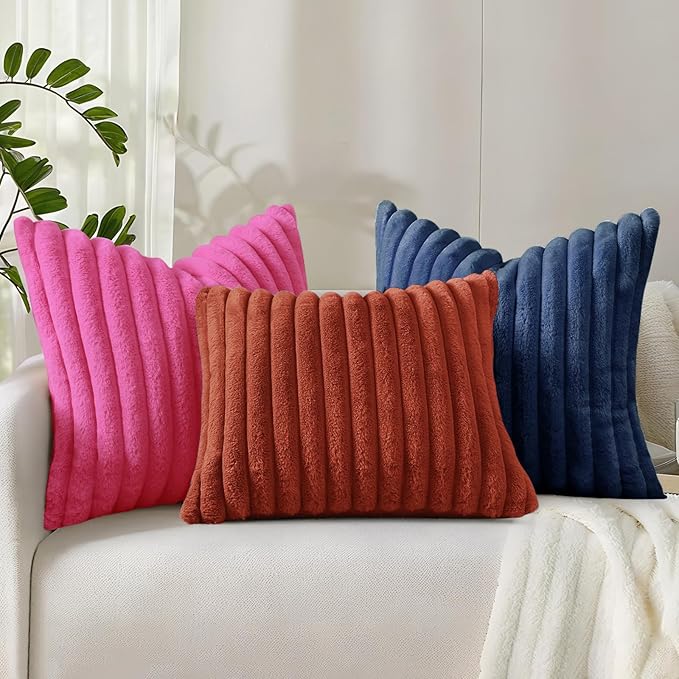 decorUhome Cozy Faux Fur Throw Pillow Covers 18x18 Set of 2 Decorative Soft Plush Striped Modern Farmhouse Boho Couch Pillow Cases with Velvet Back for Sofa Bed Living Room, Blue