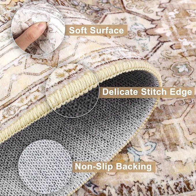 Yamaziot Area Rug 5x7, Non-Slip Washable Boho Vintage Living Room Bedroom Rug with Rubber Backing, Low Pile Faux Wool Soft Distressed Rug Floor Carpet for Living Room, Bedroom