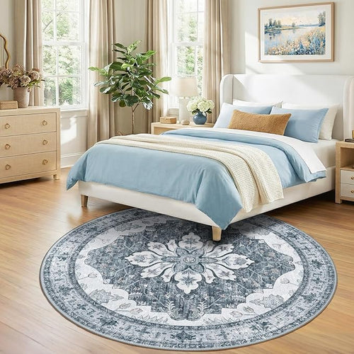 Area Rugs 7ft Washable Non-Slip, Floral Vintage Distress Print Pattern Medallion Carpet for Living Room Bedroom Dining Room, Light Gray Grey White
