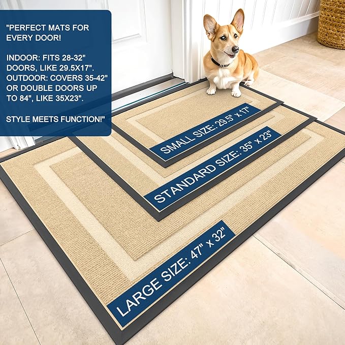 OLANLY Front Door Mat Indoor Outdoor Entrance, Waterproof All-Season, All-Weather Doormat, Sturdy Natural Rubber, Fade Resistant, Low Profile, Easy Clean Patio Porch Entryway Mat, 29.5x17, Beige