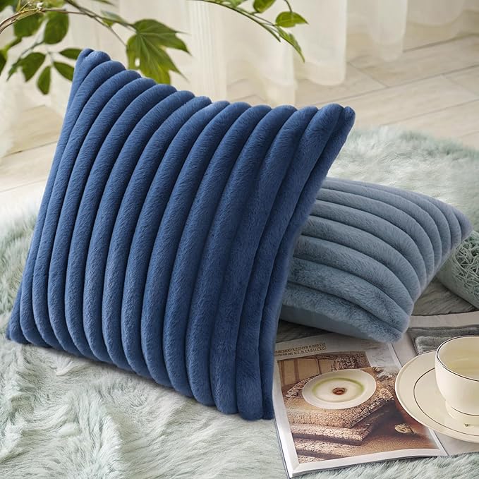 decorUhome Cozy Faux Fur Throw Pillow Covers 26x26 Set of 2 Decorative Soft Plush Striped Modern Farmhouse Boho Couch Euro Sham Pillow Cases with Velvet Back for Sofa Bed Living Room, Blue