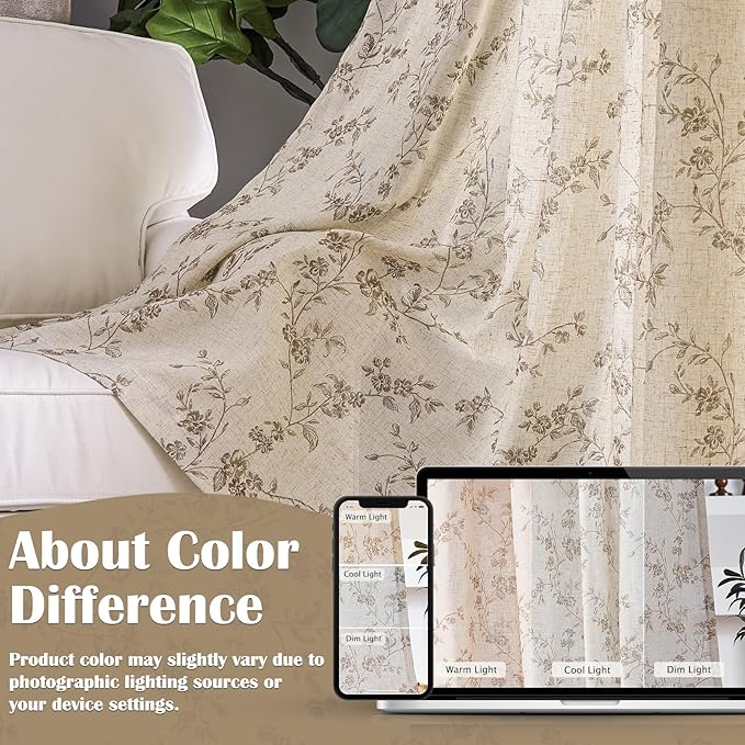 Lazzzy Taupe Floral Linen Curtains 96 Inch Farmhouse Back Tab Drapes for Living Room Bedroom Light Filtering Vintage Grandmillennial Rod Pocket Curtains, 2 Panels, W38 x L96, Taupe on Beige