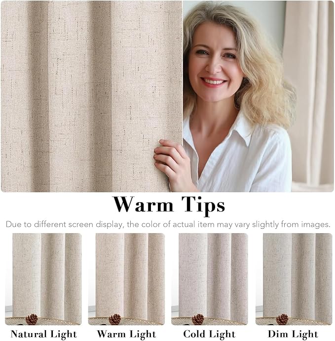H.VERSAILTEX Linen Curtains 100% Blackout Curtains for Bedroom 102 inch Long Full Light Blocking Nature Linen Blended Window Curtains for Living Room Nickel Grommet (2 Panels, Natural)