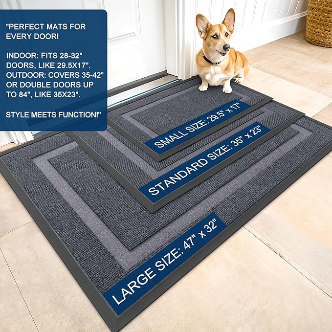OLANLY Front Door Mat Indoor Outdoor Entrance, Waterproof All-Season, All-Weather Doormat, Sturdy Natural Rubber, Fade Resistant, Low Profile, Easy Clean Patio Porch Entryway Mat, 71x23, Light Grey