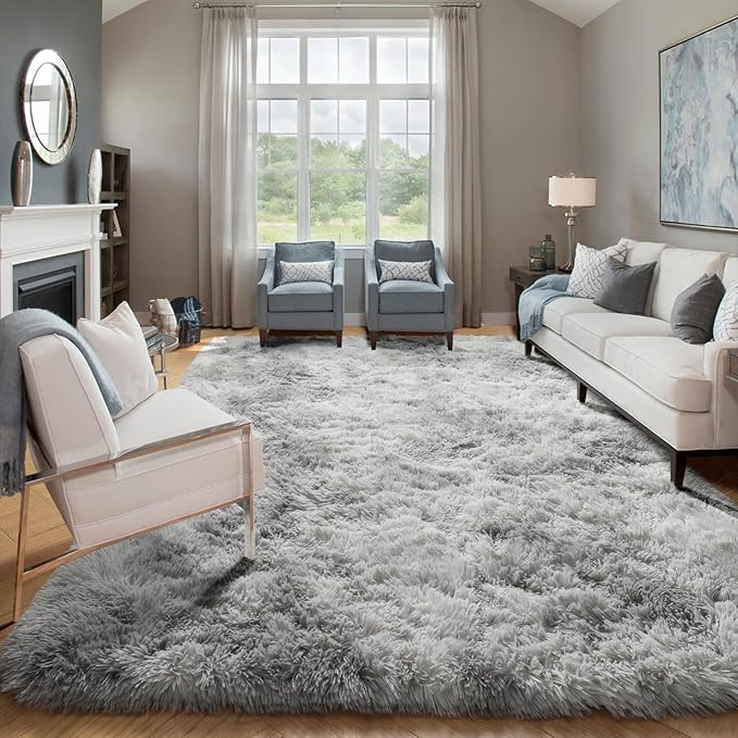 ONASAR 6x9 Area Rugs for Living Room, Large Tie-Dyed Light Grey Fluffy Shag Rug for Bedroom, Ultra Soft Plush Floor Big Indoor Carpet for Baby Kids Girls Boys Teen Dorm Nursery Home Decor